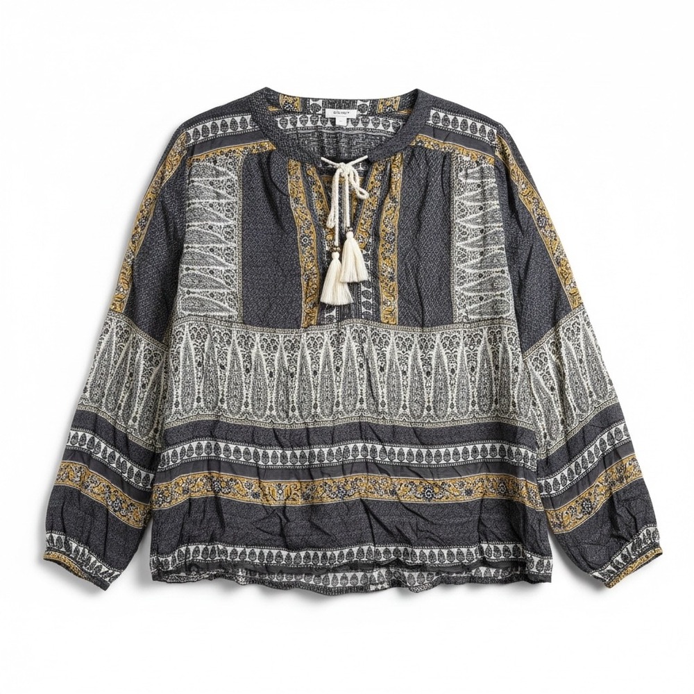 Dylan Peasant Blouse Medium Grey Mustard Paisley Tassel Tie Boho